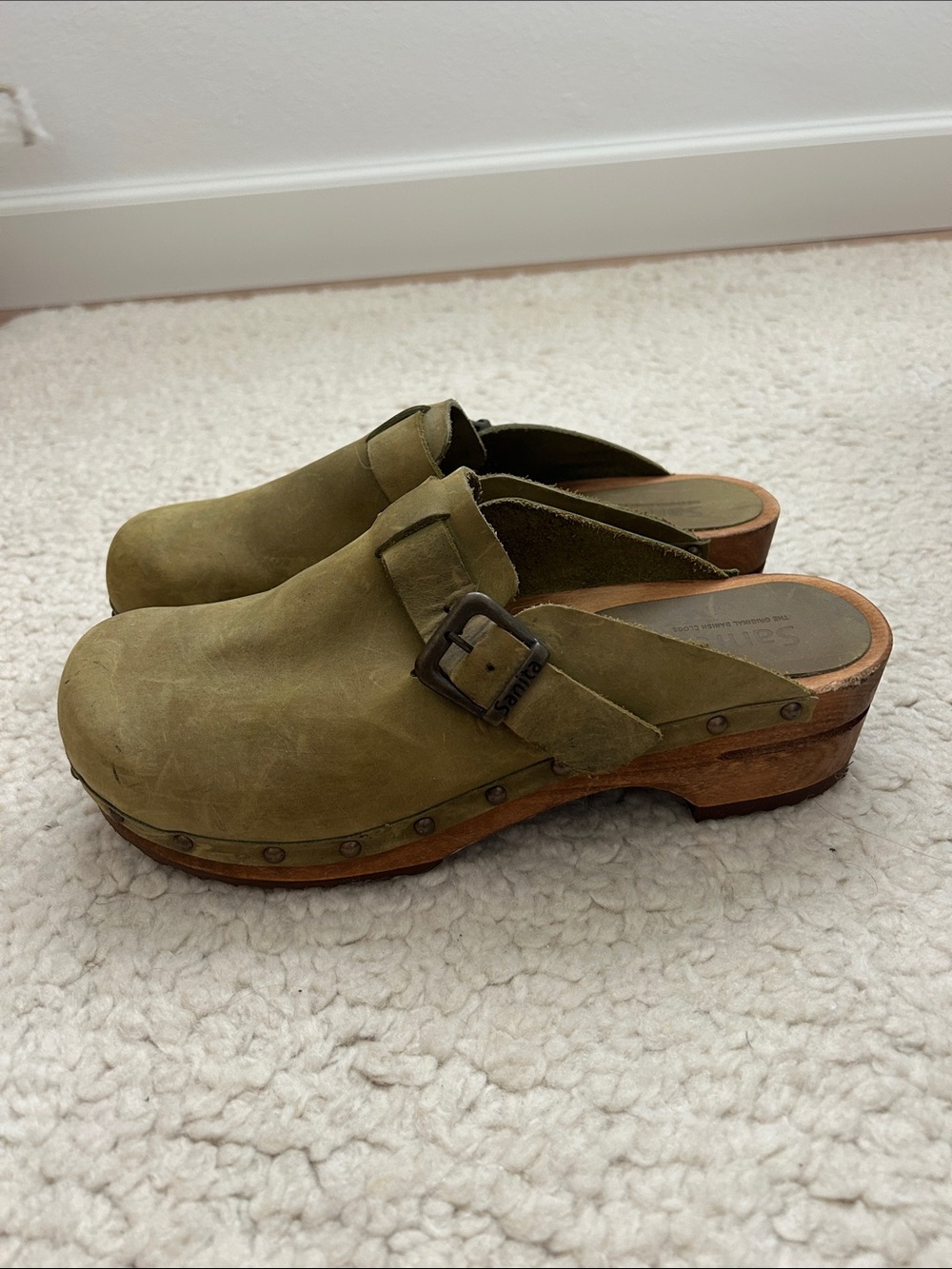 Sanita Olive Suede Buckle Clog Mules